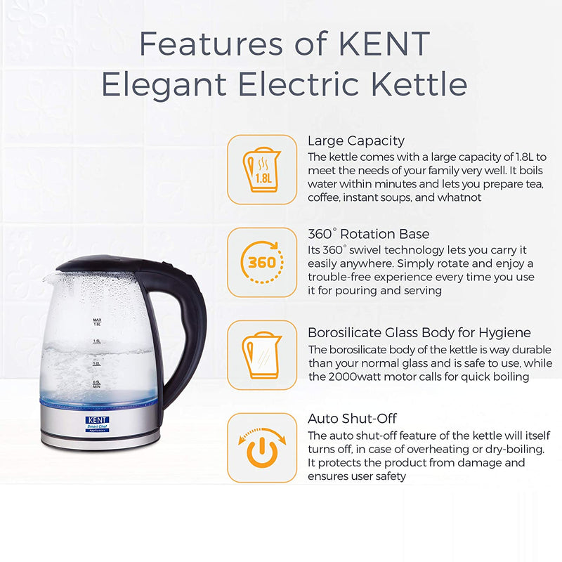 KENT ELECTRIC KETTLE GLASS 1.8L 2000W